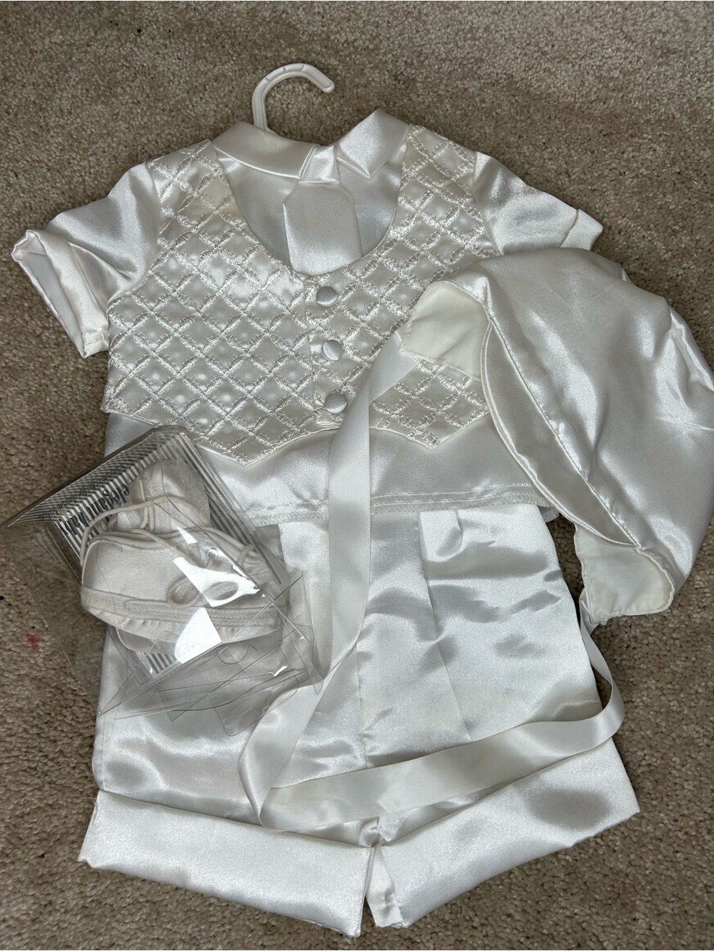 White satin christening boy outfit bonnet and shoes included size 6-9 months